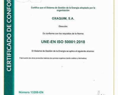Oxaquim obtiene la certificación ISO 50001