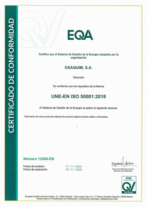 Oxaquim obtiene la certificación ISO 50001